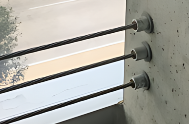 Post-tensioned barrier cable system ensuring safety in multi-story parking garages.